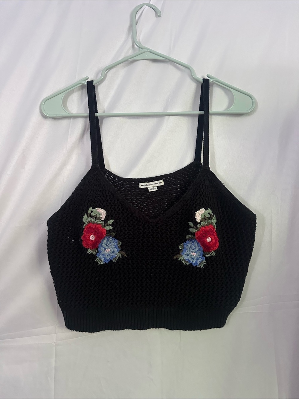 American Eagle Outfitters Black Crocheted Floral Embroidered Crop Tank - Picture 1 of 3